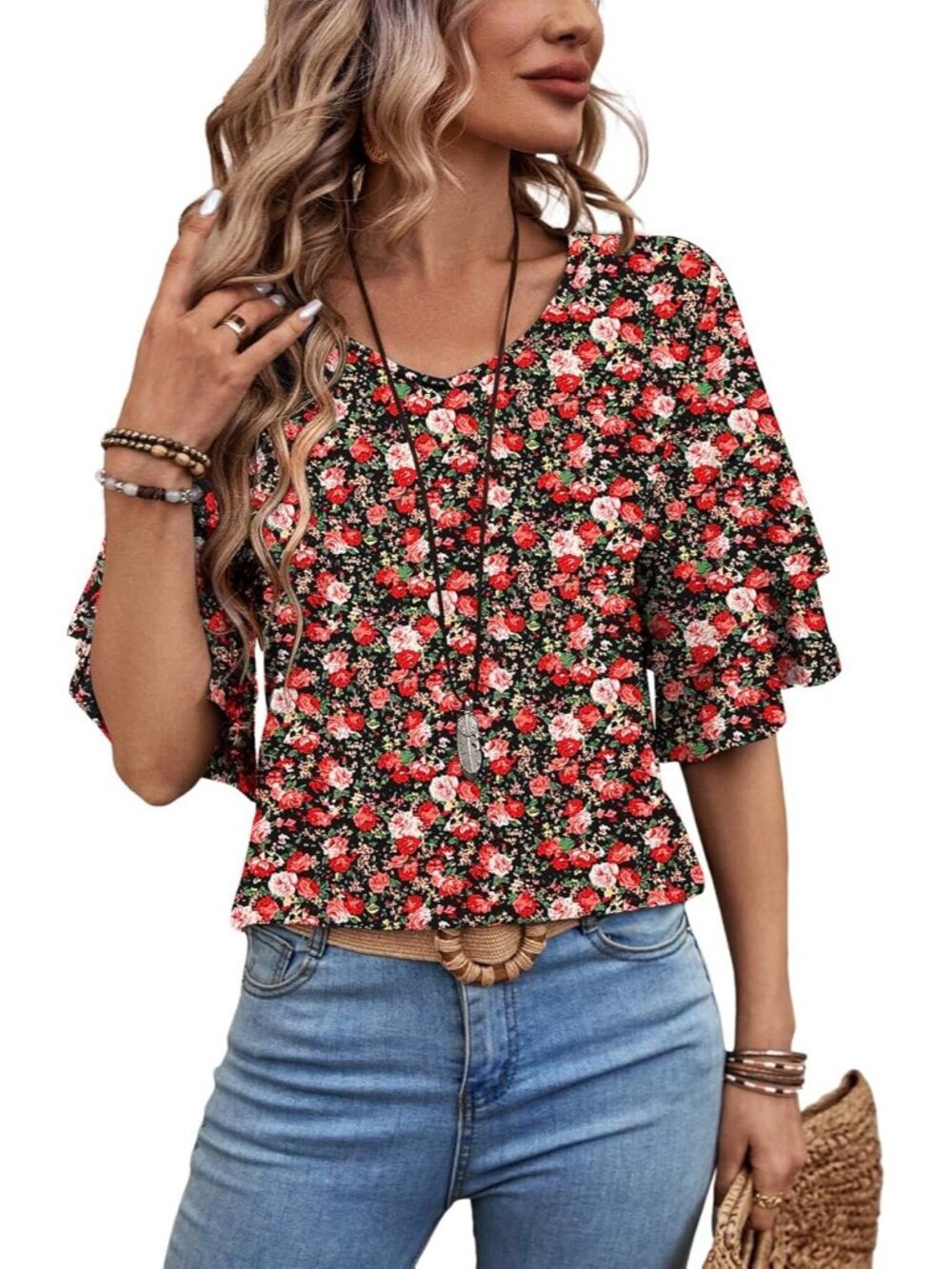 Women's Floral Red White V Neck Ruffle Blouse Short Sleeve Casual Tiered Tops